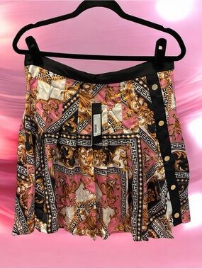 Marciano Pink Black Gold pleated Baroque designer Skater Skirt large $138
